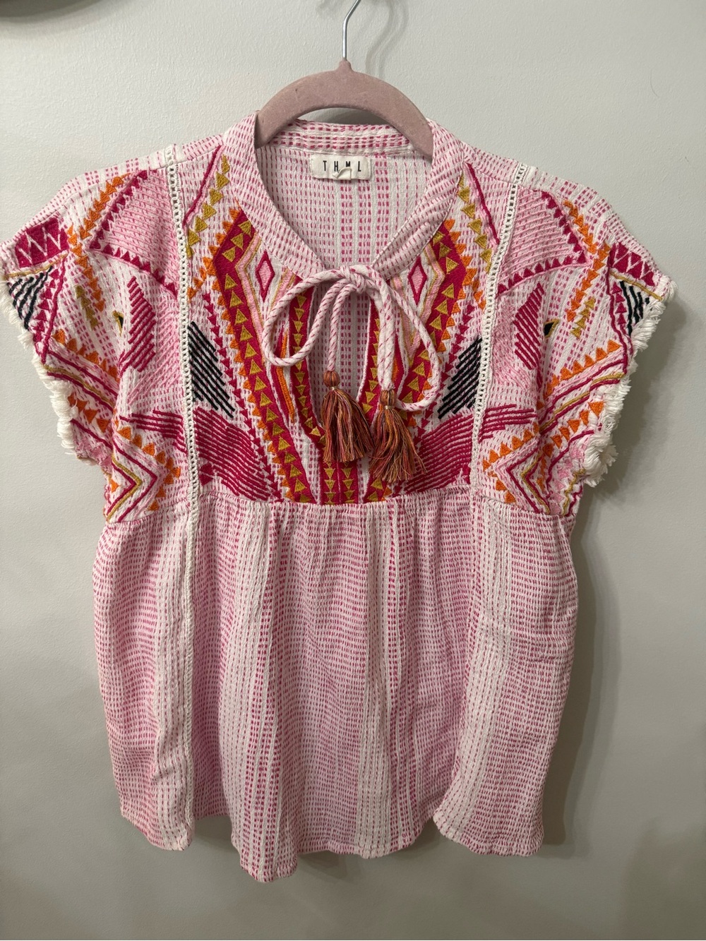 THML Pink Embroidered Tassel Tie-Front Boho Blouse